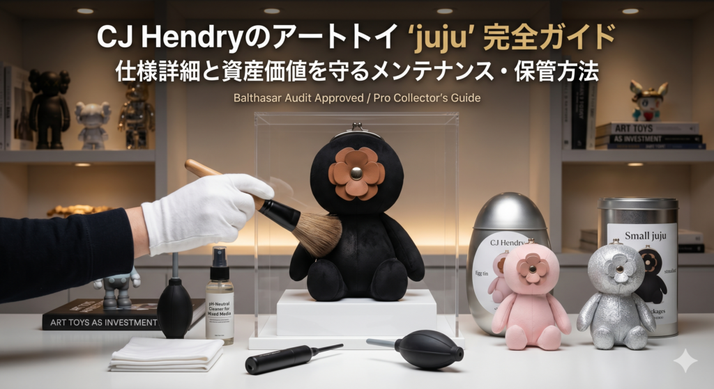 CJ Hendryのアートトイ 「juju」風のぬいぐるみとパッケージ缶を掃除している。