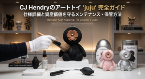 CJ Hendryのアートトイ 「juju」風のぬいぐるみとパッケージ缶を掃除している。