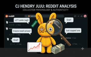 うさぎのフィギュア、Redditの画面、StockXの鑑定タグを虫眼鏡で覗き込む概念図