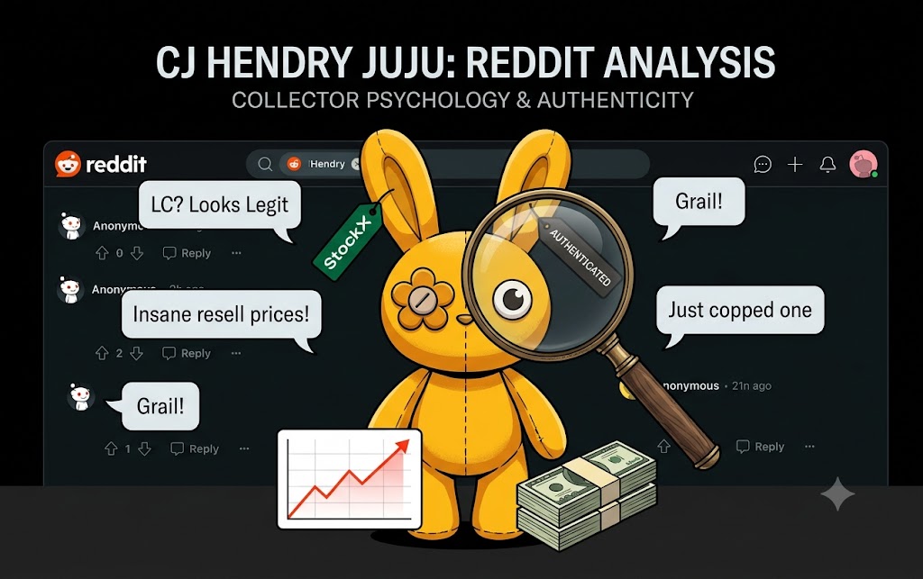 うさぎのフィギュア、Redditの画面、StockXの鑑定タグを虫眼鏡で覗き込む概念図